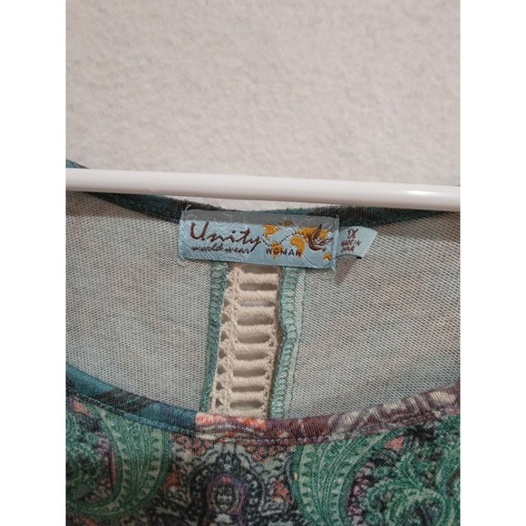 Unity World Wear Woman Top 1X Plus Paisley Boho Crochet Ladder Back 3/4 Sleeve - Picture 8 of 11